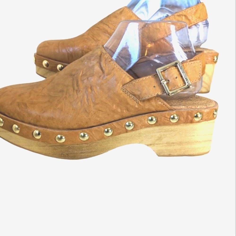 Kelsi Dagger Tan Mules with Gold Accents
